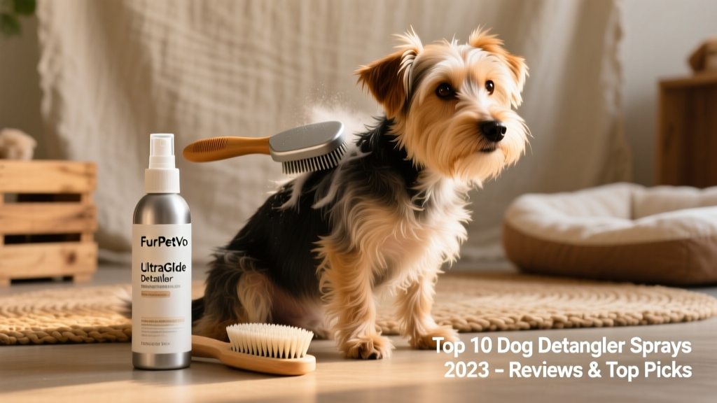 Bottle of FurPetVo UltraGlide Detangler Mist next to a soft-bristle brush and a fluffy terrier mix mid-grooming session