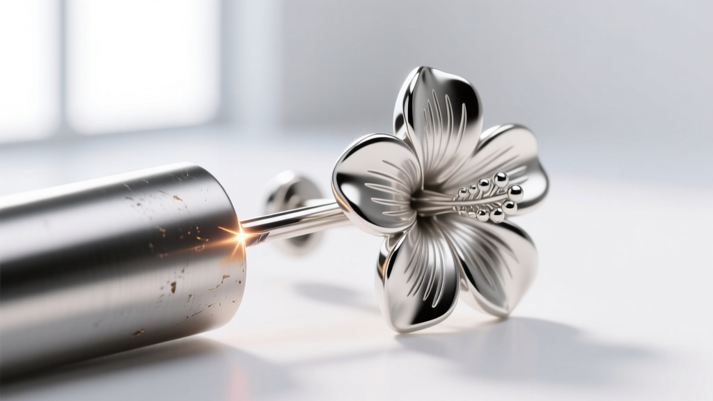 Macro shot of a titanium post laser-welded to a delicate sterling silver hibiscus flower stud earring on a jeweler
