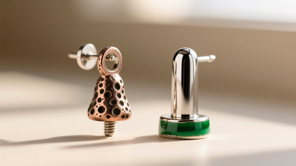 Macro shot of a pitted zinc alloy anime earring post next to a smooth 18-gauge sterling silver post with vivid green enamel.