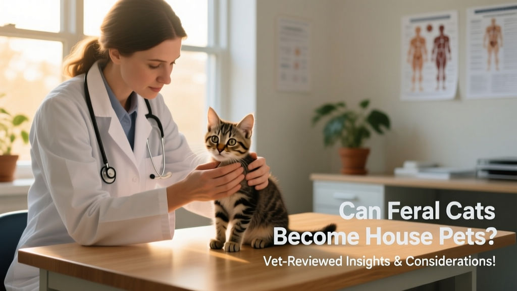 A veterinarian gently examining a young feral kitten during a wellness visit, with soft lighting and calm surroundings