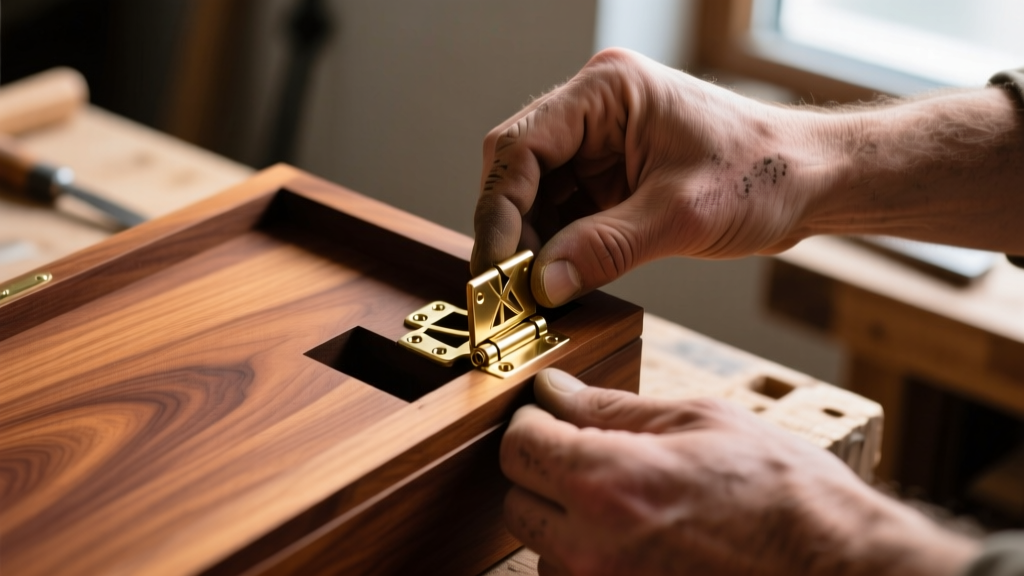Close-up of a woodworker installing a solid brass Brusso quadrant hinge into a routed recess on a cherry wood jewelry box lid