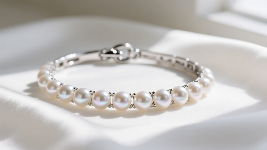 Close-up macro shot of a platinum and pearl wedding choker necklace on white silk, showing gem luster and a secure lobster clasp.