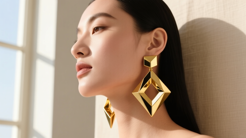 Model wearing 1.5-inch architectural 18k gold drop earrings highlighting the jawline against a soft beige backdrop