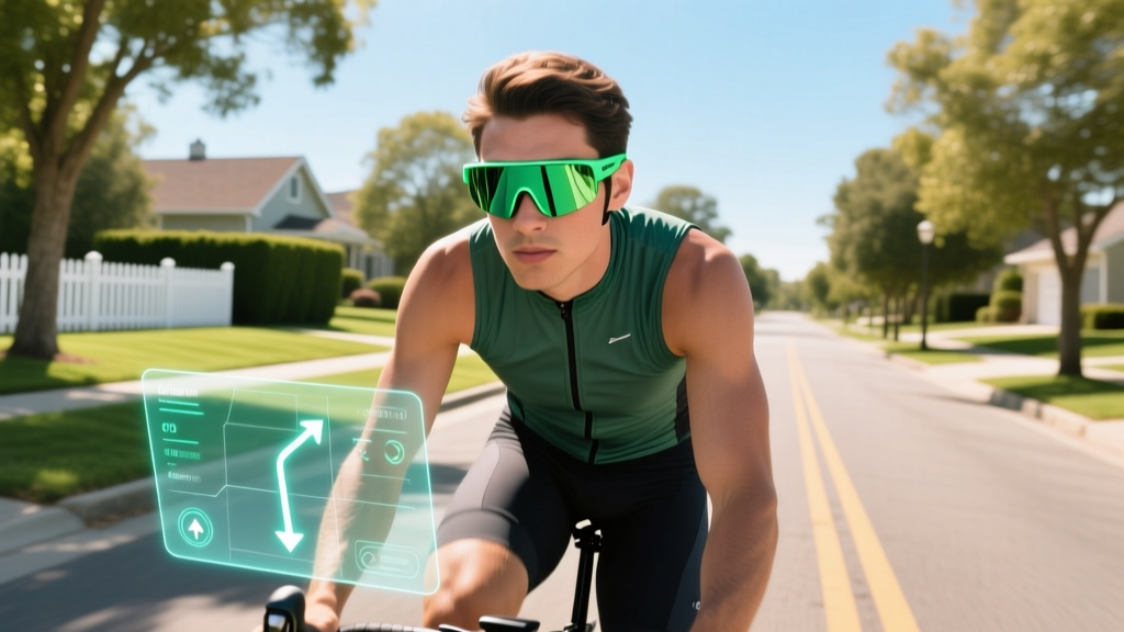 Cyclist wearing lightweight green-tinted AR glasses checking turn-by-turn navigation data on a bright sunny suburban street