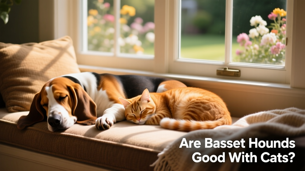 A serene Basset Hound and ginger cat napping side-by-side on a cozy window seat
