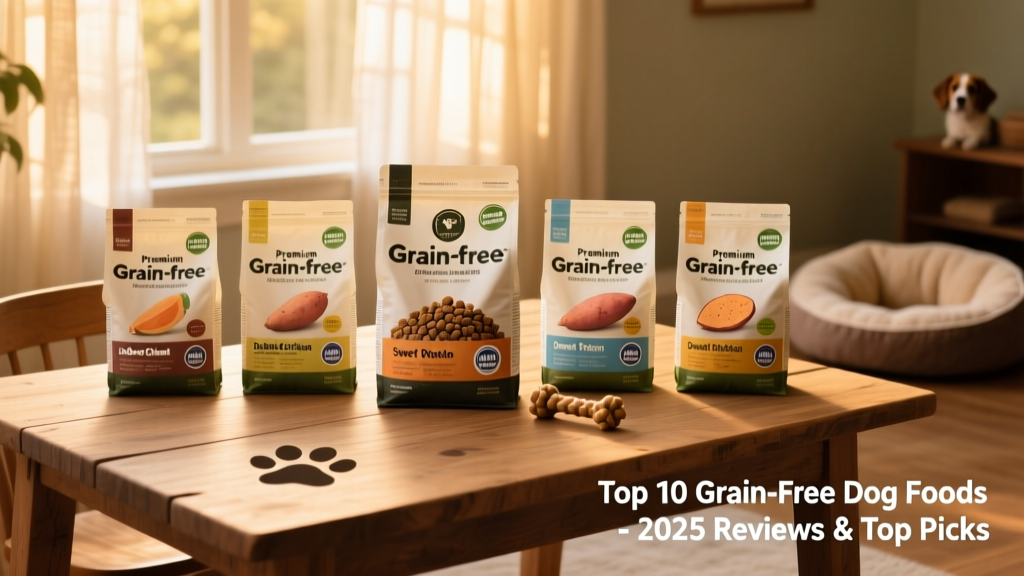 Side-by-side comparison of five high-quality grain-free kibble bags with clear labeling