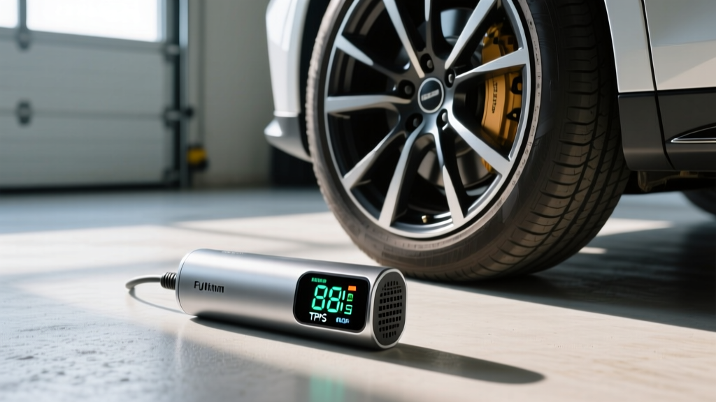 Digital smart tire inflator on a garage floor next to a car tire, with an LED screen showing precise PSI and TPMS sync status.
