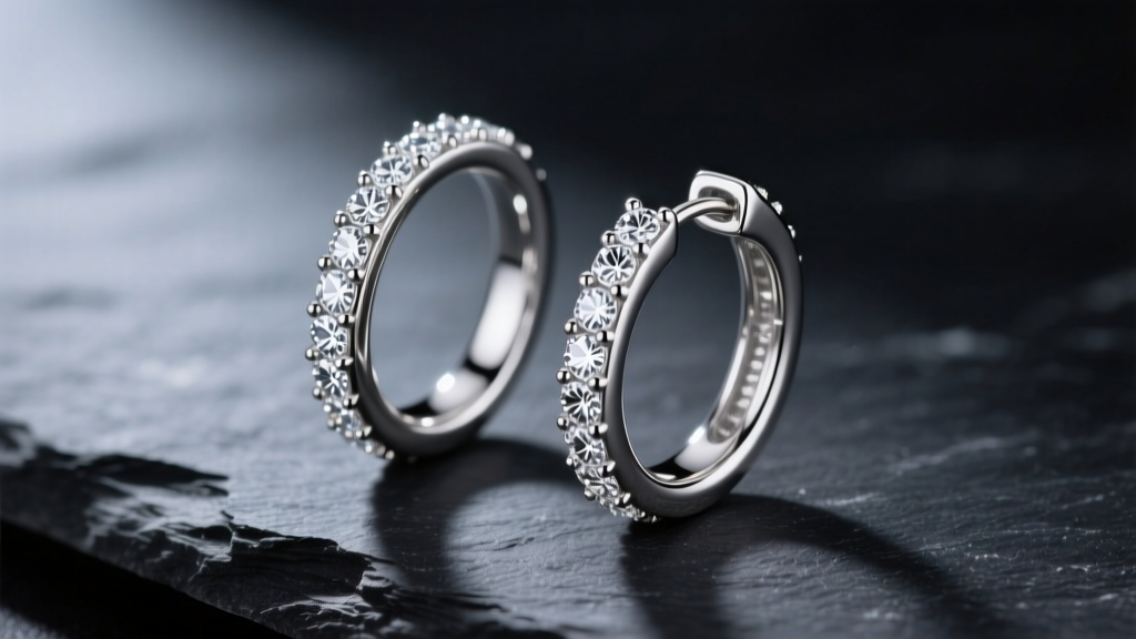 Macro shot of Jomaz sterling silver huggie hoops with pave cubic zirconia on dark slate under soft directional lighting.