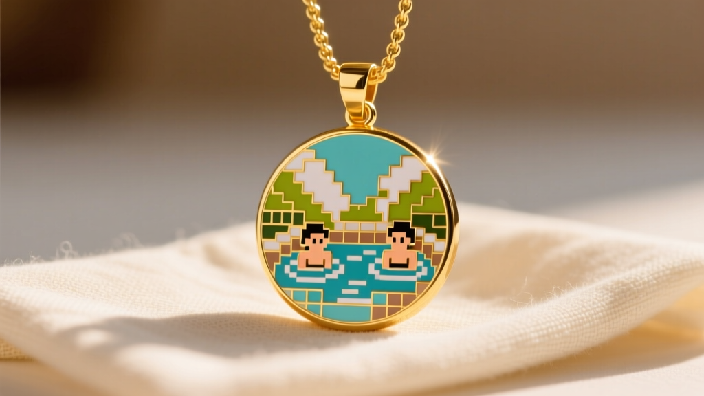 Gold-plated hard enamel pendant with a pixel-art spa mosaic, resting on cream linen cloth in warm, soft, natural sunlight.