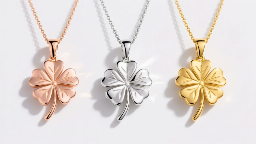 Three four leaf clover pendants side-by-side showing 14k rose gold, sterling silver, and 18k yellow gold under bright studio lights.