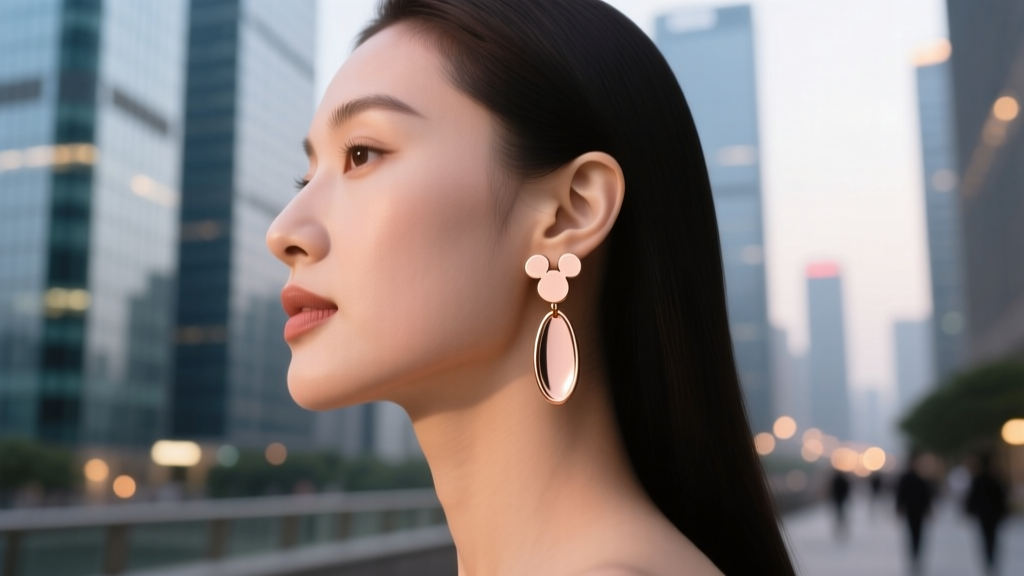 Side profile of woman wearing elongated oval Mickey drop earrings in rose gold against a softly blurred urban background