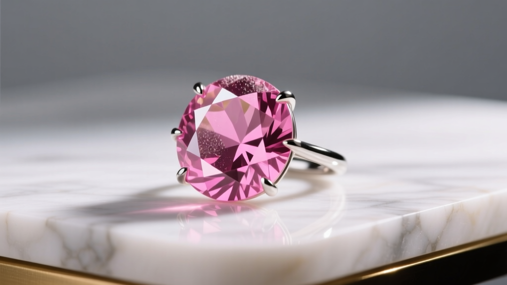 Pink tourmaline gemstone in a platinum prong setting showing static dust on the table facet under bright studio lighting conditions