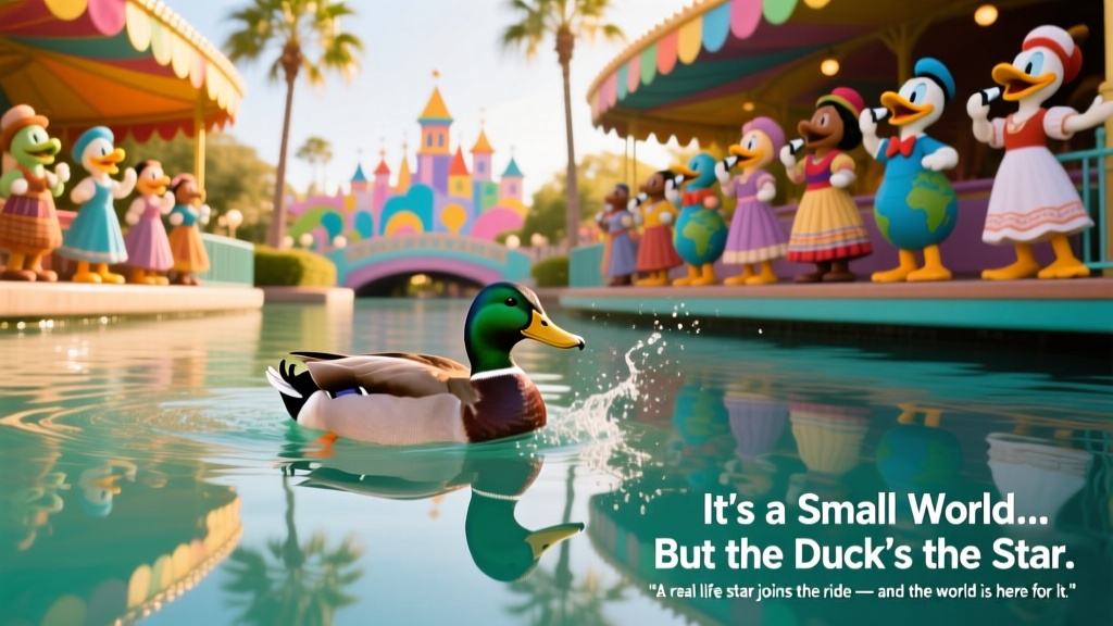 A duck swimming peacefully through the 'It's a Small World' ride canal at Disneyland, surrounded by colorful animatronic figures