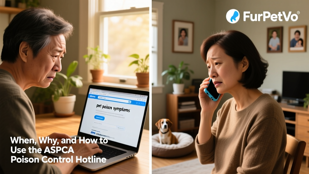 A split image: left side shows a worried pet parent searching online on a laptop; right side shows the same person calmly speaking on the phone with a FurPetVo logo visible on screen