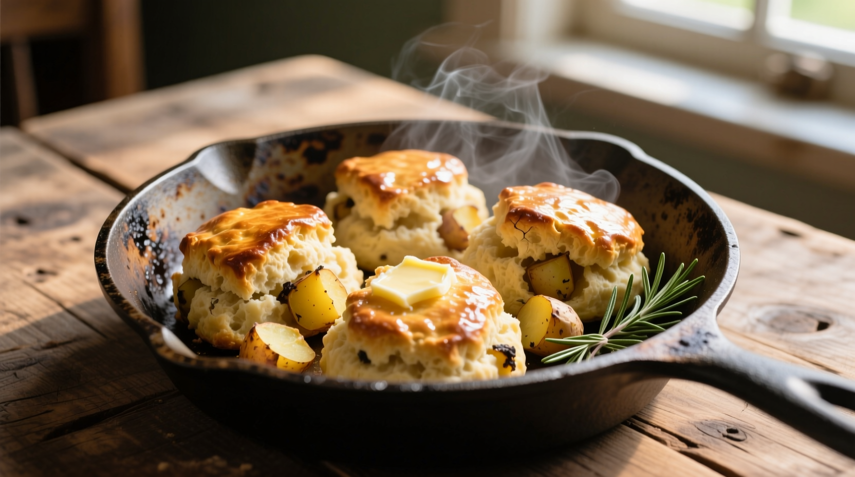Golden potato scones on cast iron skillet