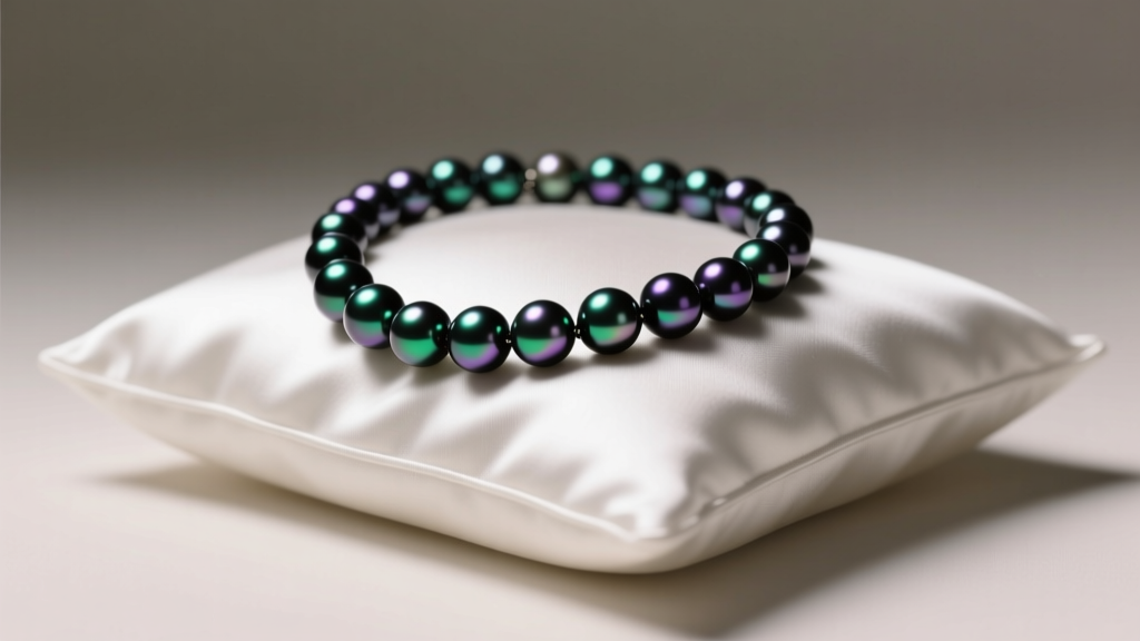 A strand of Tahitian black pearls exhibiting peacock overtones under soft, diffused daylight, showcasing the deep nacre luster and iridescence.