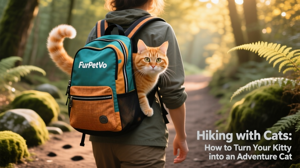 A curious cat peering out from a FurPetVo cat backpack while perched on its owner's back on a sun-dappled woodland path