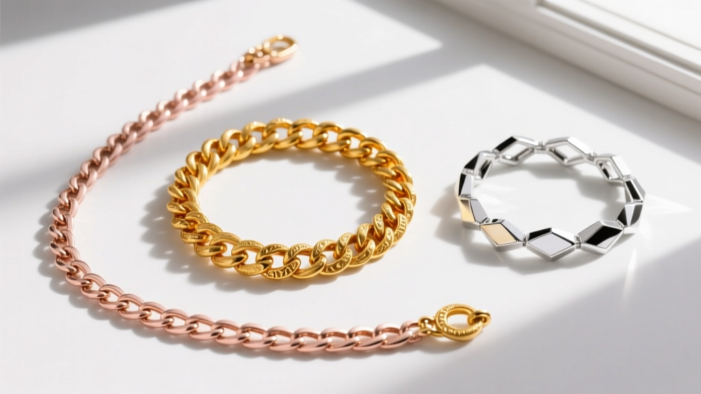 Overhead shot of three gold chains: pale Italian 18k rose gold, rich Indian 22k yellow, and bright rhodium plated white gold.