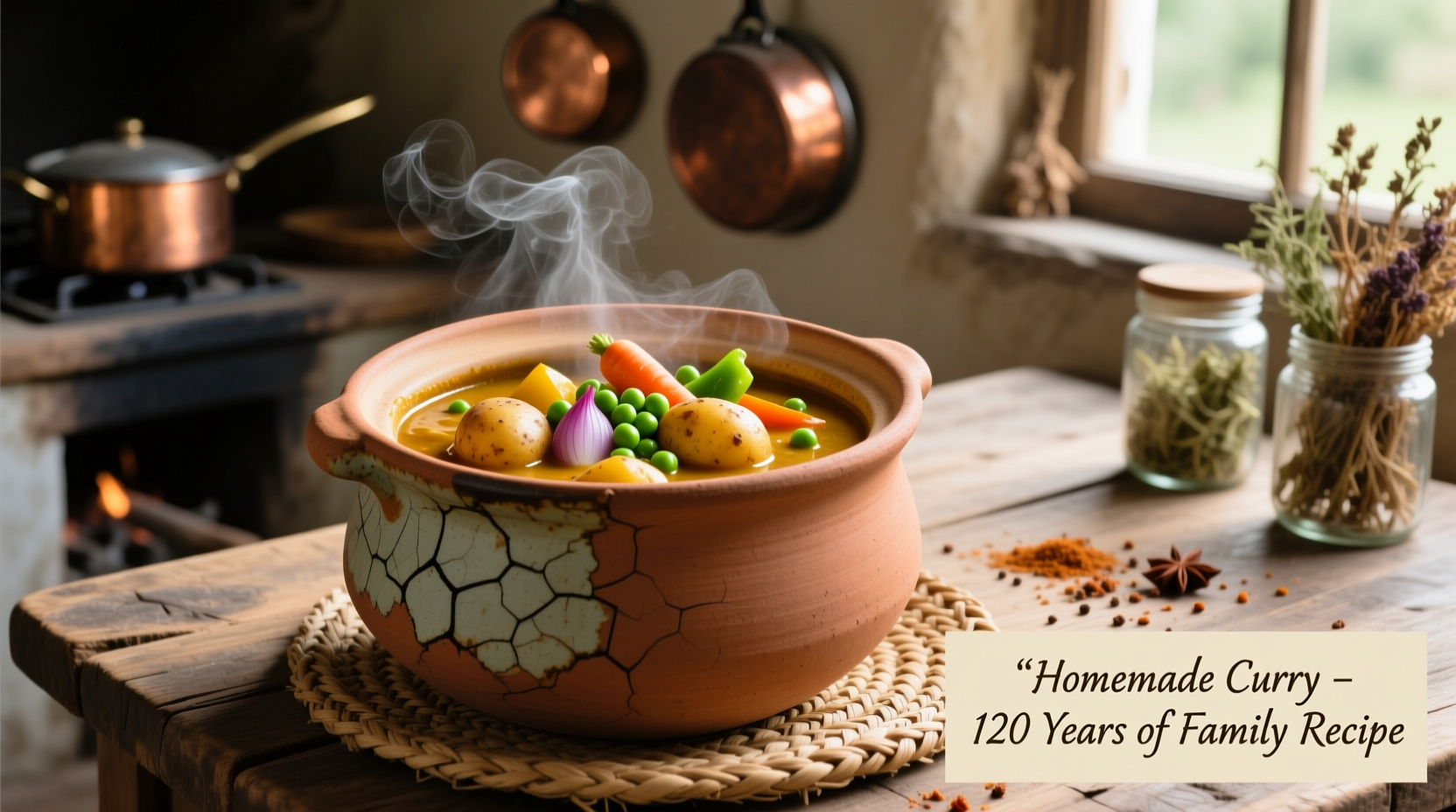 Potato vegetable curry in traditional clay pot