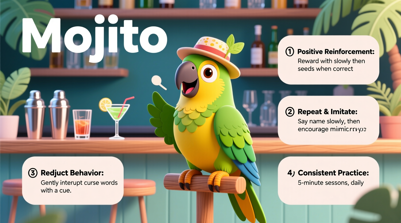 how to train a parrot to say cocktail names instead of curse words
