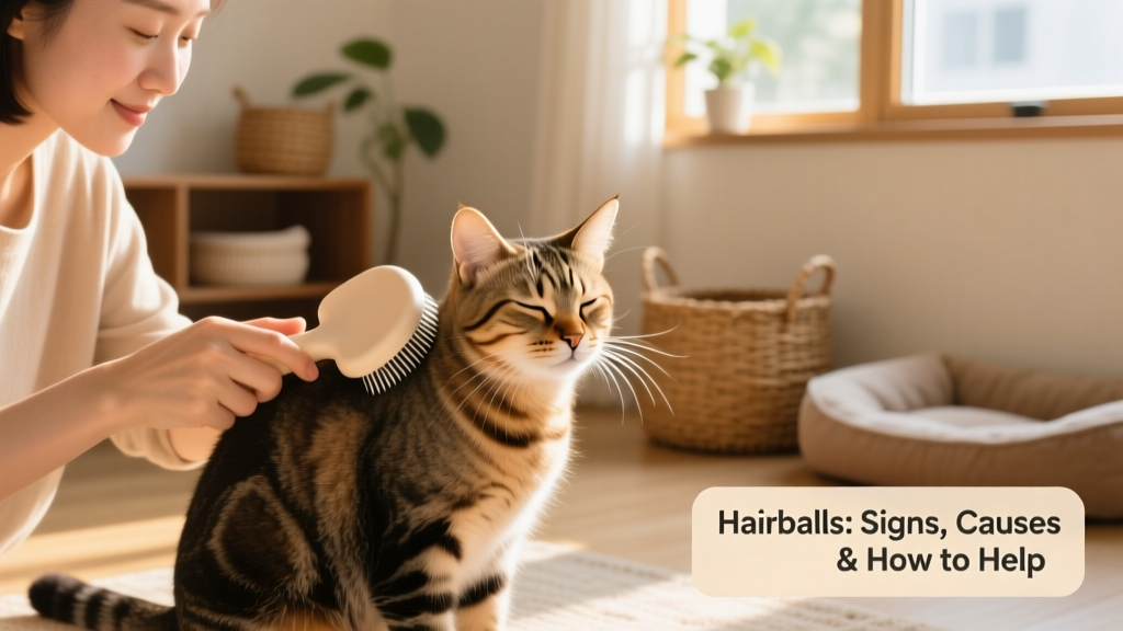 A cat owner brushing their cat with a soft deshedding tool while the cat looks relaxed