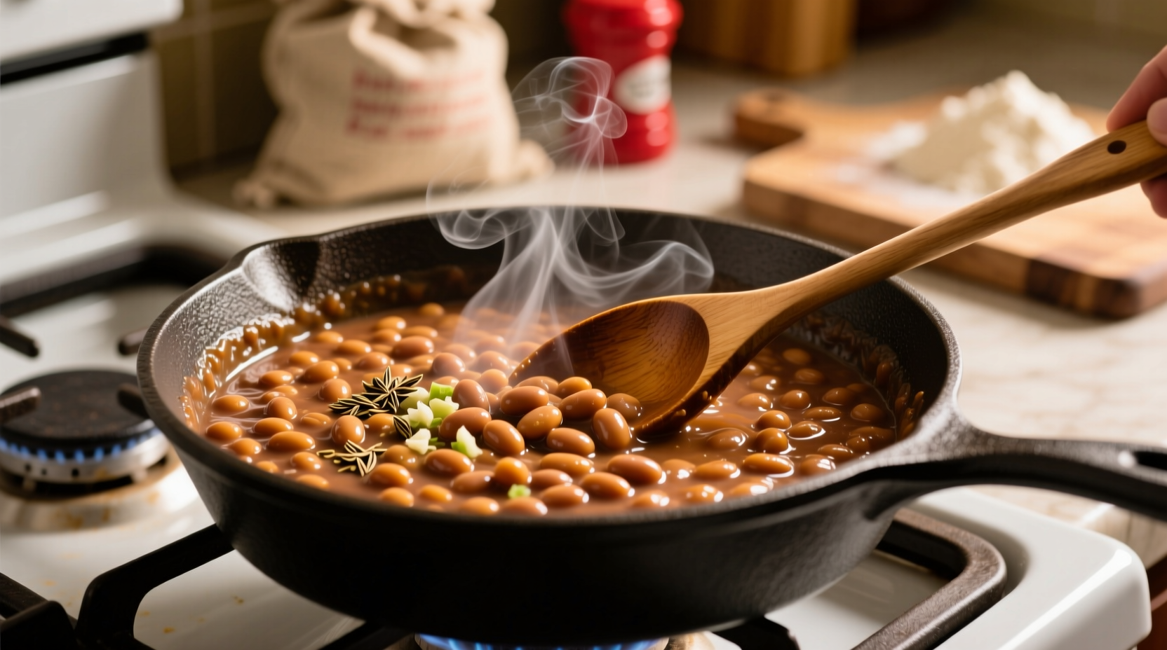 Stirring refried beans in saucepan