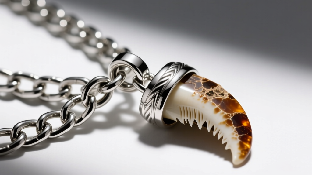 Close-up of a stainless steel box chain and lobster clasp attached to a fossilized shark tooth pendant with a silver wrap.