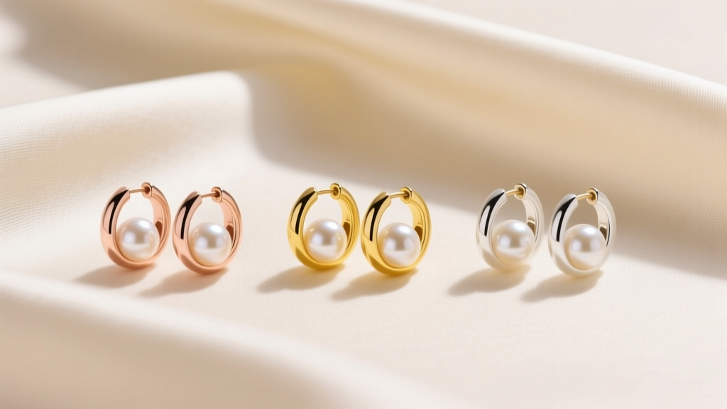 Flat lay of three pairs of freshwater pearl huggie earrings in rose, yellow, and white gold on cream silk, bright lighting.