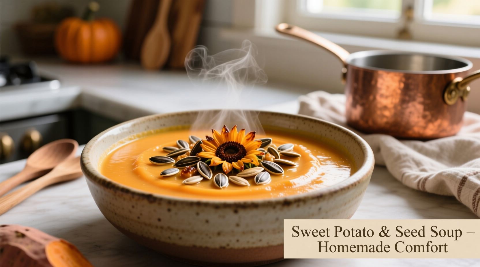 Sweet potato soup with toasted seeds topping