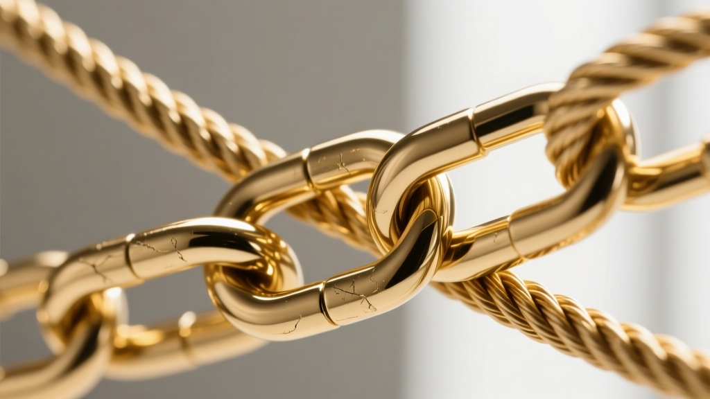 Macro shot of a gold rope chain interlocking with a cable chain, highlighting smooth textures that prevent friction and tangling.