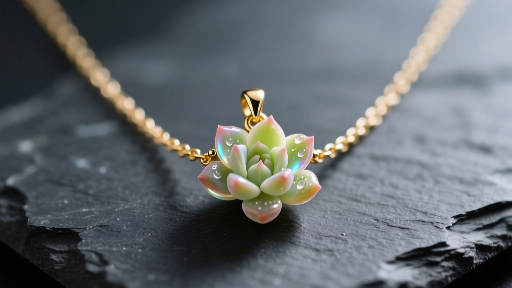 Close-up of a delicate gold baby chain necklace holding a clear resin-encased baby Echeveria succulent pendant on dark slate.