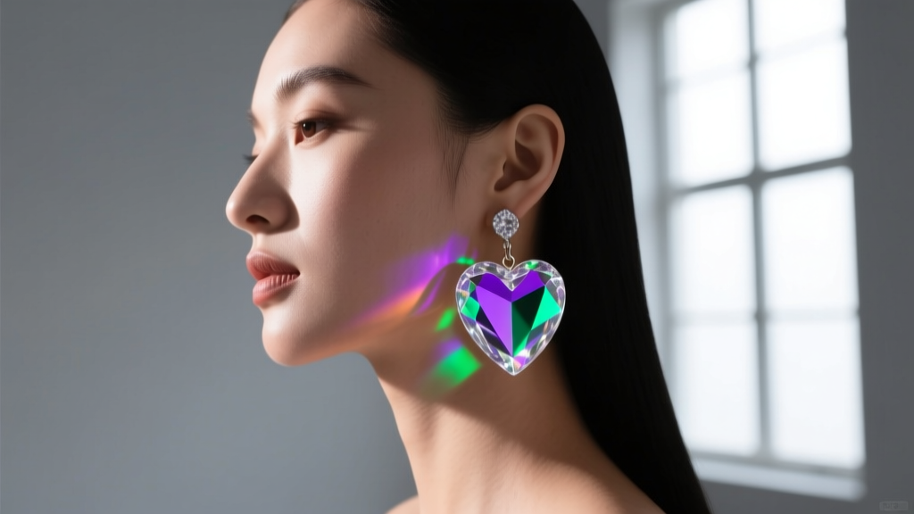 Woman wearing dichroic borosilicate glass heart dangle earrings catching iridescent purple and green studio light in side profile
