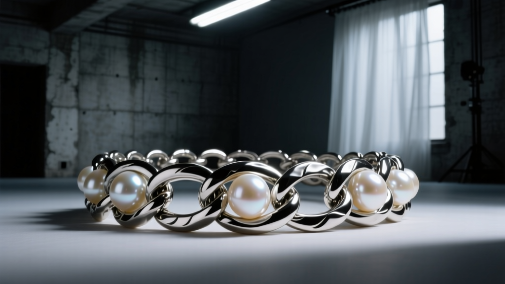 Close-up of a baroque pearl choker mixed with chunky silver chain links, photographed in a moody, dimly lit urban studio setting.