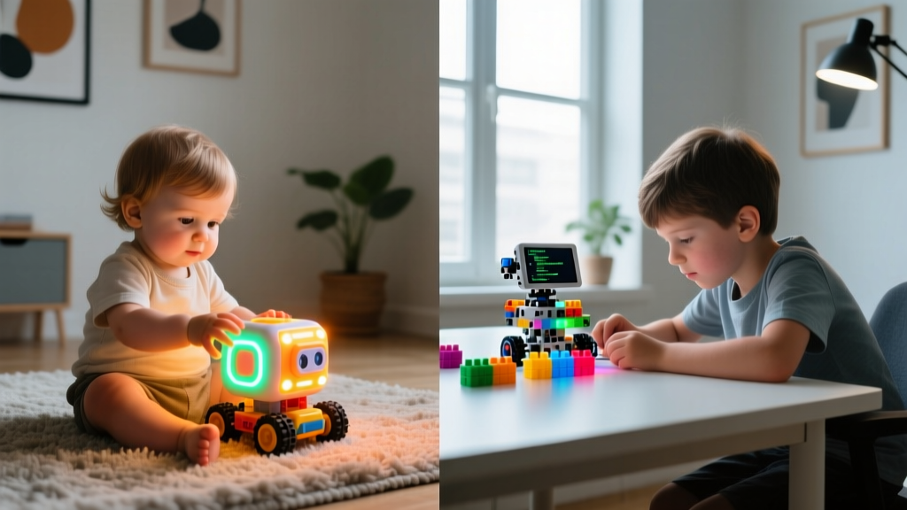 Split-screen showing a toddler with a rugged light-up toy on the left, and an older child programming a modular robot on the right.