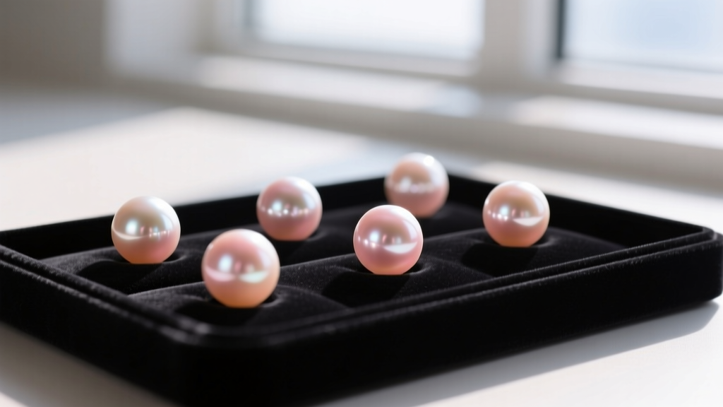 Macro shot of AAA-grade Akoya pearls showing mirror-like luster and rose overtones, resting on a dark velvet jewelry display tray.
