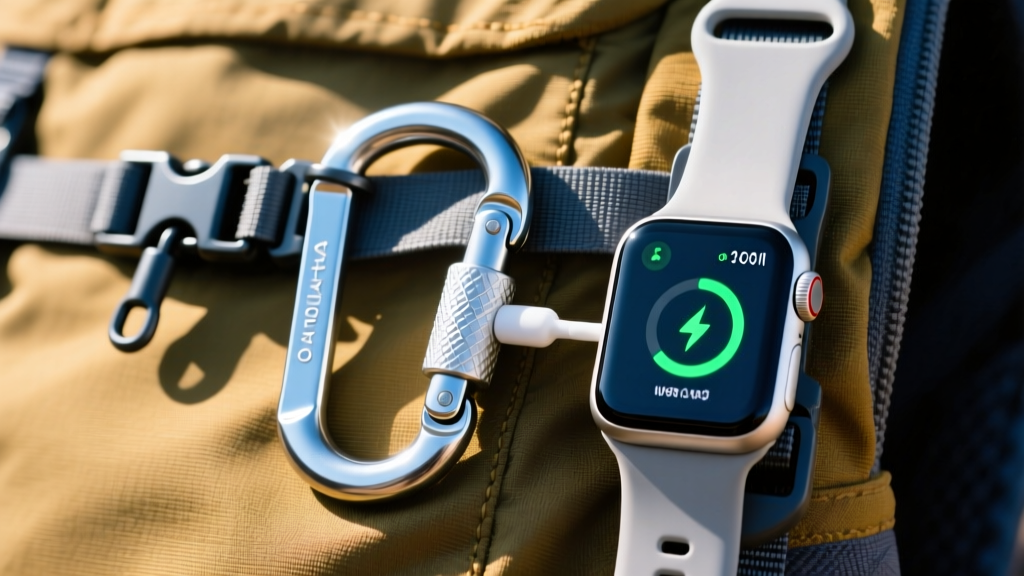 Anodized aluminum solar carabiner clipped to a hiking backpack, charging a detached smartwatch via magnetic pogo pins in bright sunlight