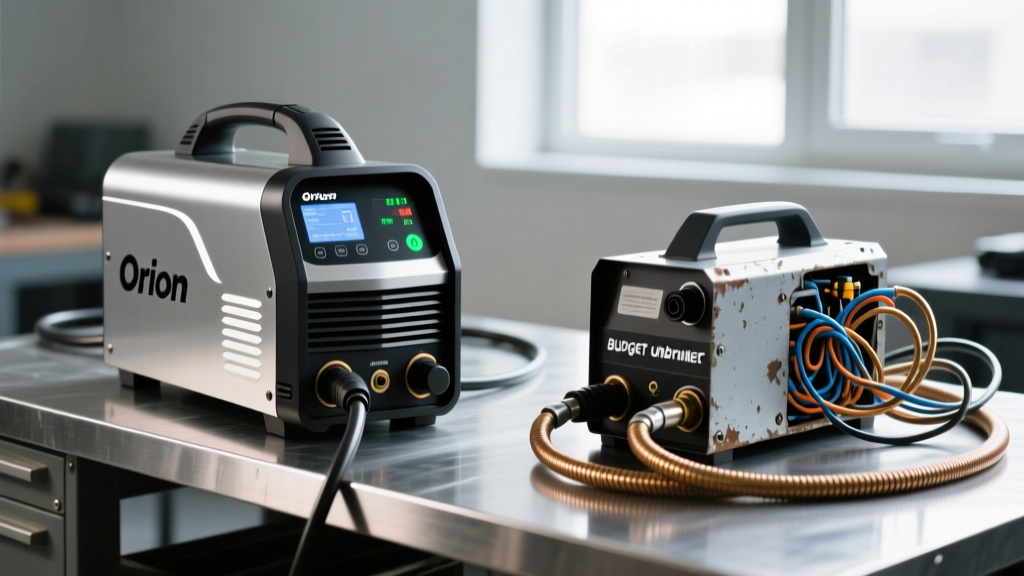 Professional Orion mPulse welder next to a cheap unbranded inverter welder with tangled argon gas tubing on a metal workbench.