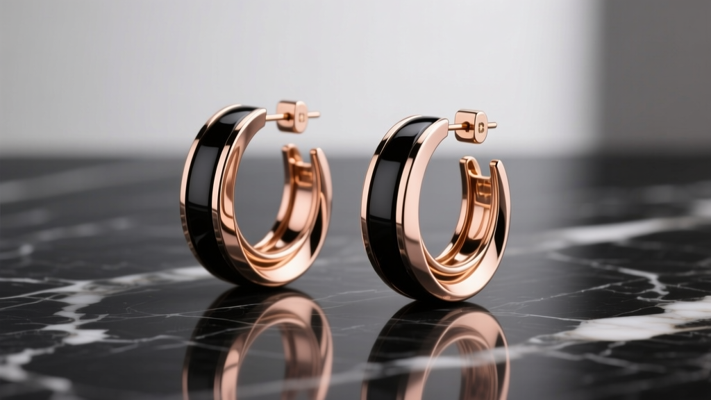 Studio shot of 18k rose gold Bvlgari B.zero1 hoop earrings on dark marble, with soft lighting highlighting the black ceramic bands.