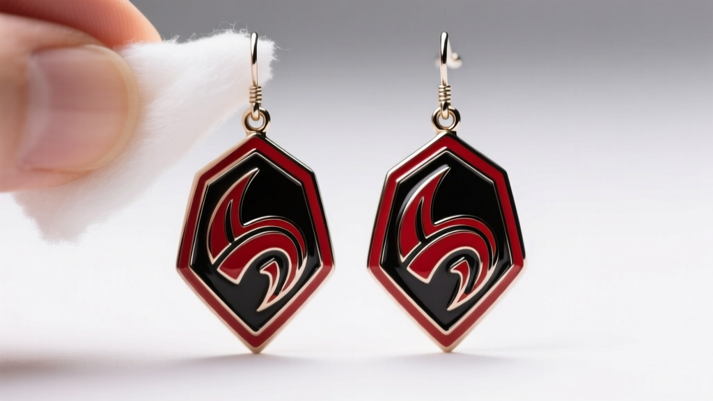 Macro shot of red and black enameled Klingon crest drop earrings being wiped with a damp cotton swab under bright studio light.