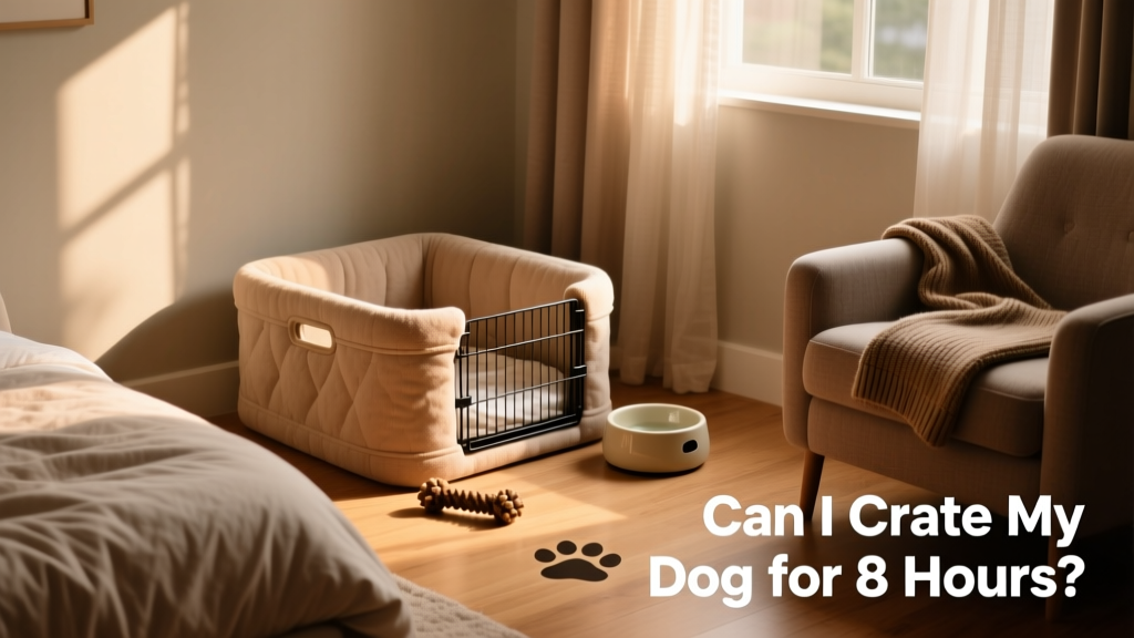 A cozy, inviting crate setup with a chew toy, water bowl, and soft bedding in a quiet corner of a living room