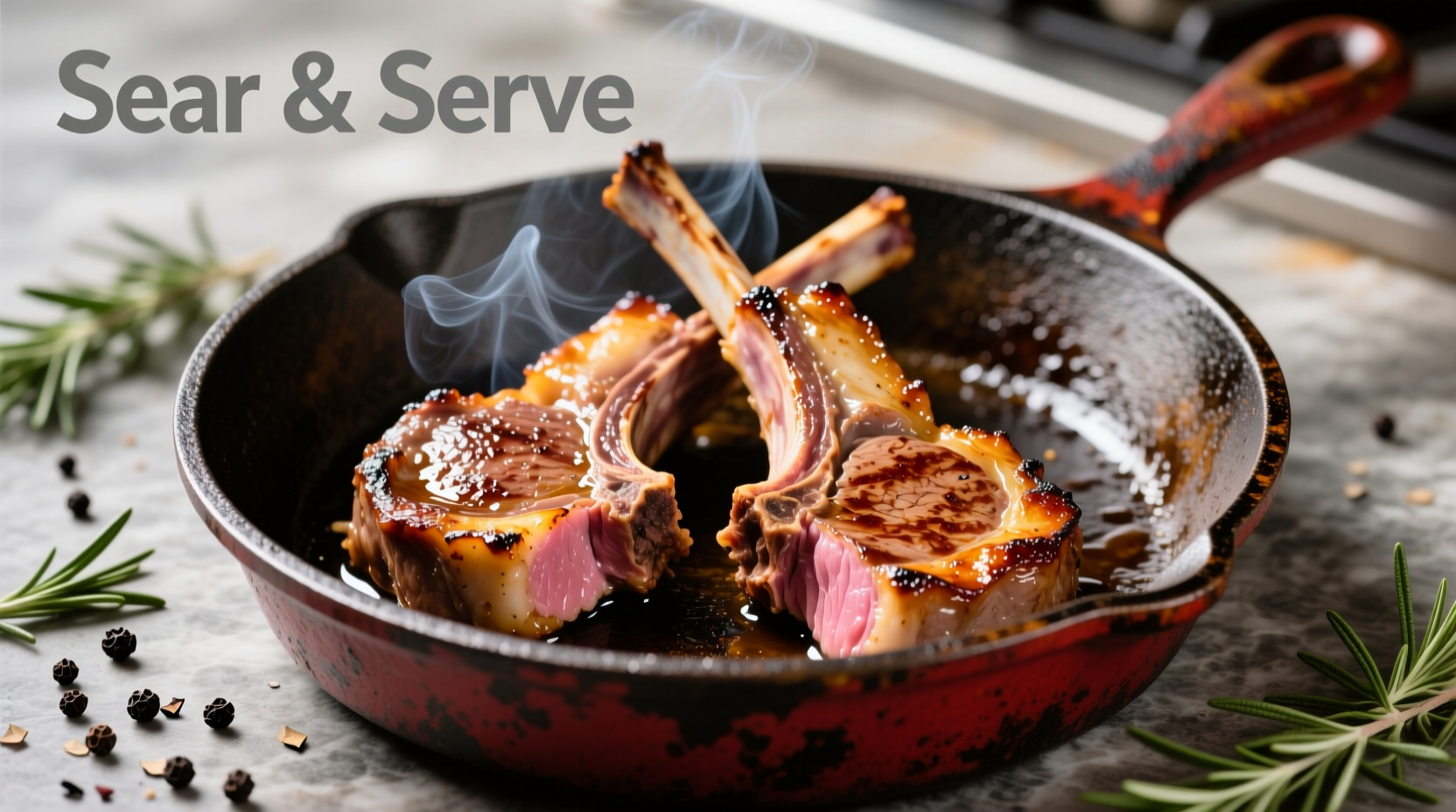 Perfectly seared lamb chops in cast iron skillet