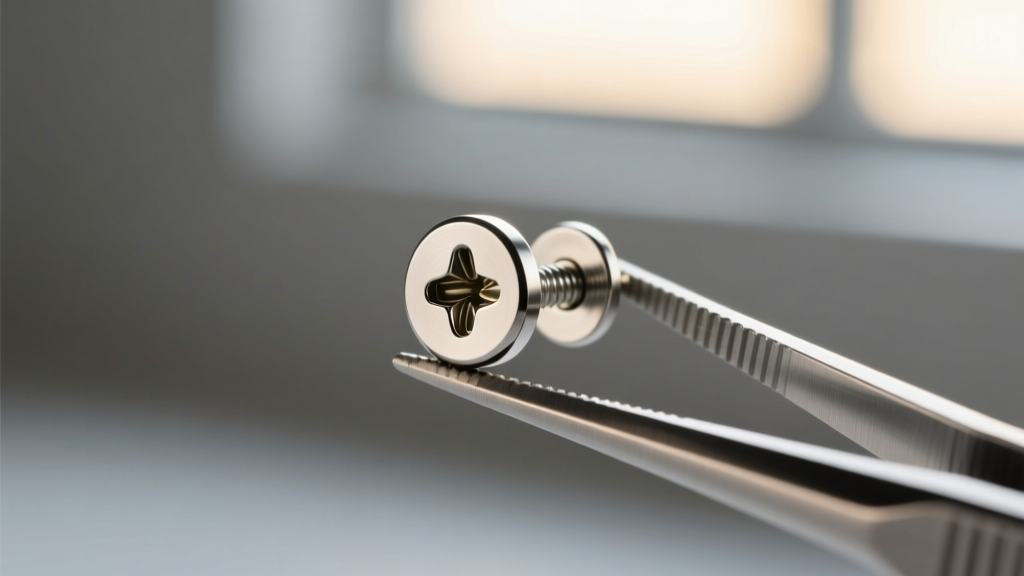 Macro shot of titanium screw earring post revealing precise threading, held by tweezers against a softly blurred grey backdrop.