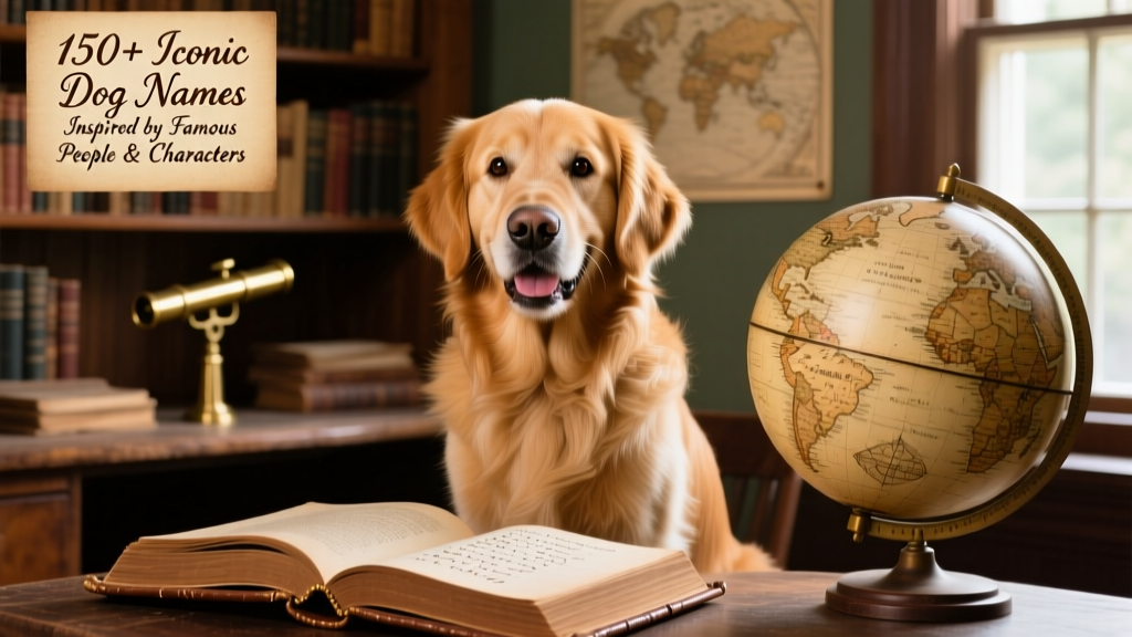 A joyful golden retriever sitting beside an open book and vintage globe, evoking history and adventure
