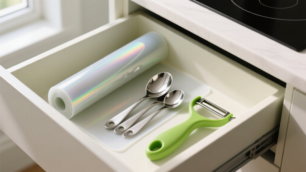 Thin flexible TPU cutting mat rolled up and stored vertically in a shallow kitchen drawer next to measuring spoons and a compact peeler