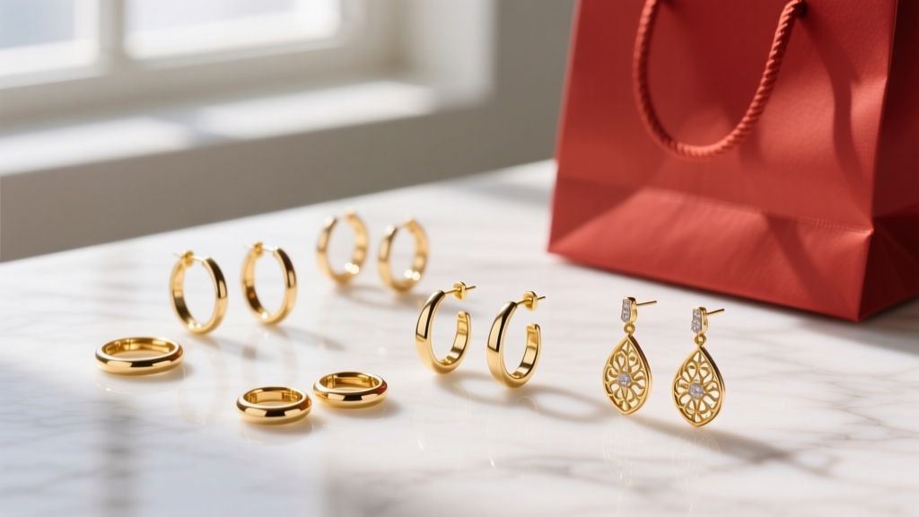 Flat lay of 14k gold earrings including hoops and drops, arranged on white marble next to a blurred red shopping bag.