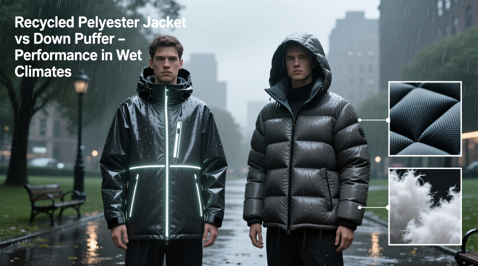 recycled polyester jacket vs down puffer which is better for wet climates