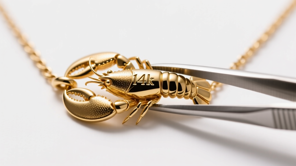 Close-up of a gold necklace lobster clasp with a stamped 14k hallmark, held by jeweler tweezers against a white backdrop.