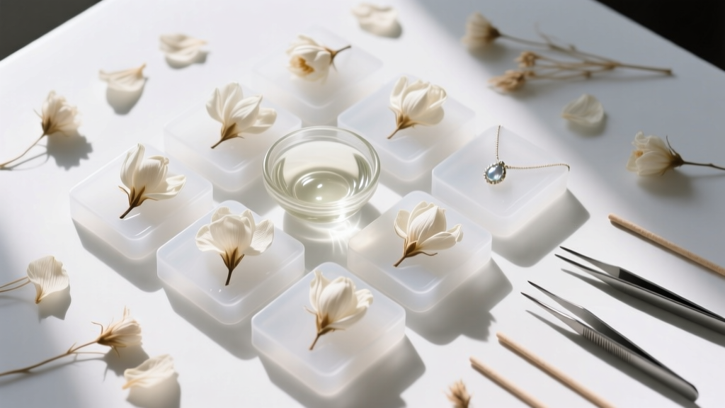 Overhead shot of a craft workspace showing silicone pendant molds, clear epoxy resin, and dried white flowers for jewelry making.