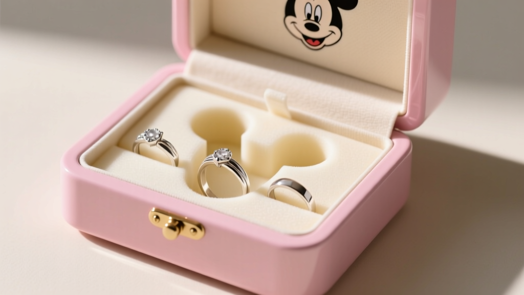 Custom polyethylene foam insert fitted inside the bottom compartment of a Mickey Mouse jewelry box, holding silver rings securely.