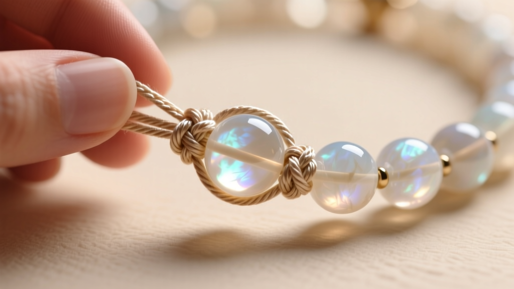 Close-up of hand-knotted silk stringing on a moonstone necklace showing protective knots between each round translucent gem bead